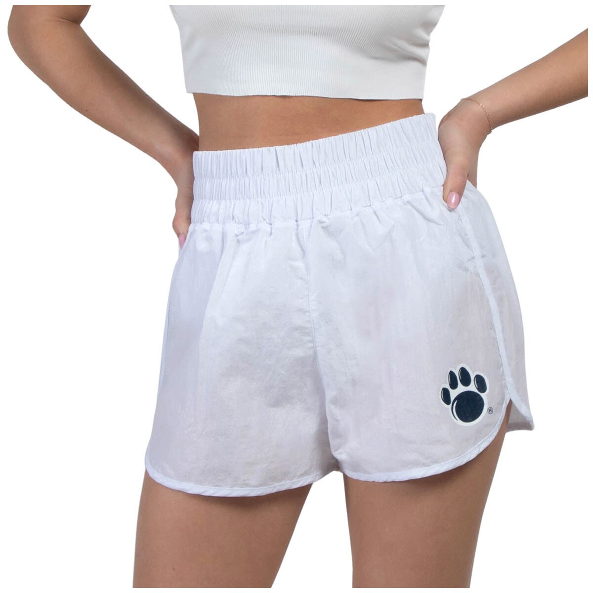 model wearing women's white high waisted shorts with Penn State paw print